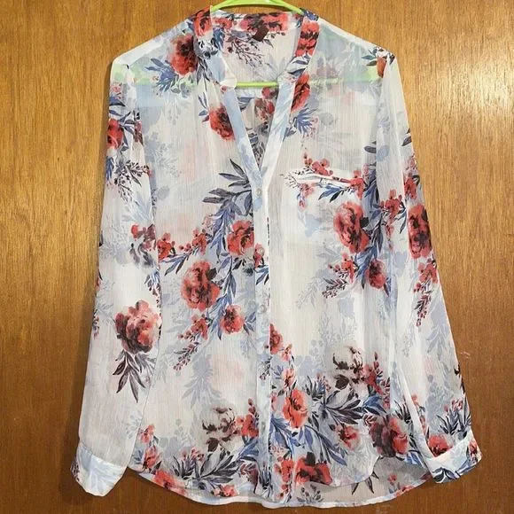 •KUT FROM THE KLOTH•WHITE SHEER FLORAL BUTTON UP CONVERTIBLE SLEEVE BLOUSE MED. - Picture 2 of 10